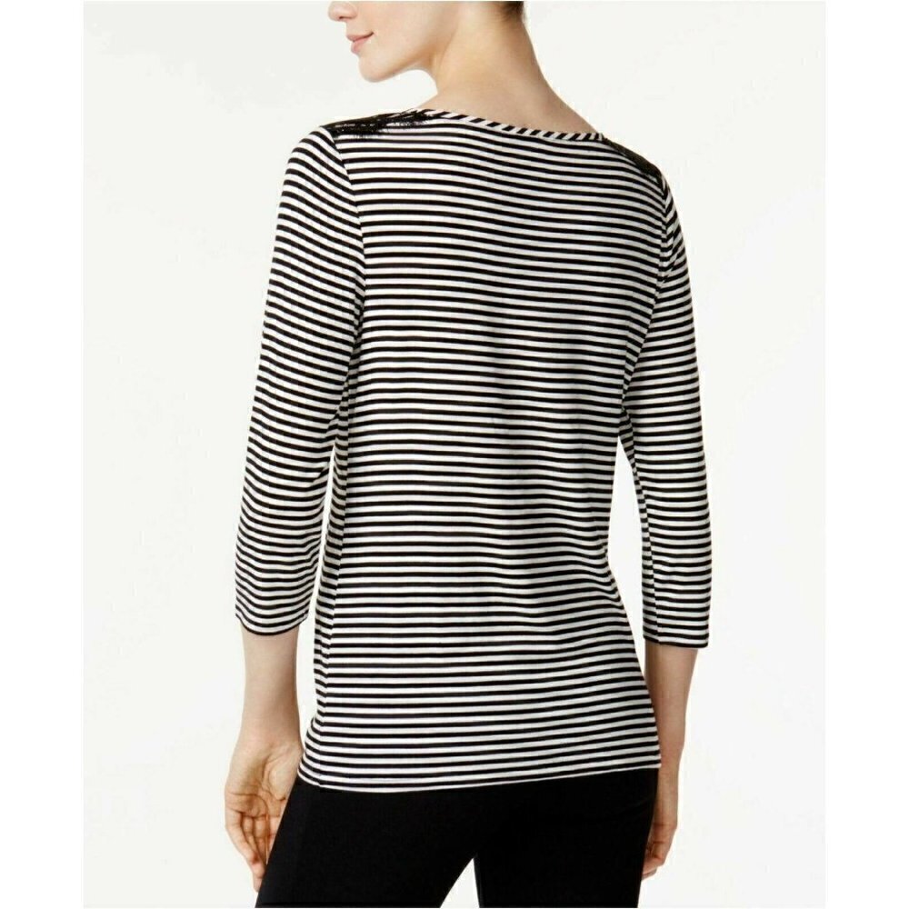 Maison Jules Women's Black Striped Lace-trim Top S - Picture 2 of 9